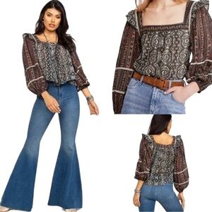 Free People Mostly Meadow Boho Hippie Puff Sleeve Semi Sheer Lace & Fringe Top